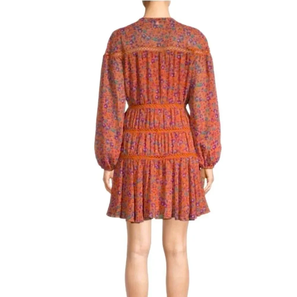 Rebecca Minkoff CADEN Dark Orange Magenta Floral Boho Chic Tiered Peasant Dress - Picture 4 of 16